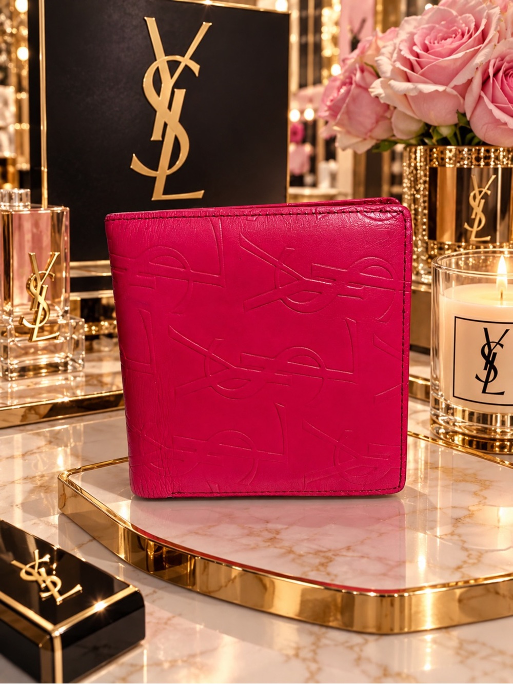 Saint Laurent Hot Pink Embossed Leather Card Holder